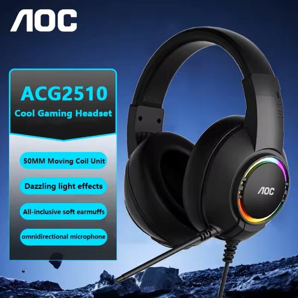 AOC USB Gaming Headset Compatible with PS5/4 Nintendo Switch Noise Canceling Mic - Picture 3 of 7